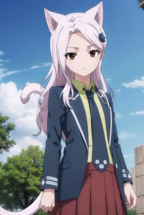 fairytailcarla, <lyco:fairytailcarla-lyco-nochekaiser:1>,
fairy tail carla, long hair, hair ornament, animal ears, (brown eyes:1.5), white hair, cat ears,
BREAK skirt, school uniform, jacket, tail, necktie, red skirt, shirt, green shirt, collared shirt, long sleeves,
BREAK outdoors, nature, forest, cloud, sky, sun, day,
BREAK looking at viewer, (cowboy shot:1.5),
BREAK <lyco:GoodHands-beta2:1>, (masterpiece:1.2), best quality, high resolution, unity 8k wallpaper, (illustration:0.8), (beautiful detailed eyes:1.6), extremely detailed face, perfect lighting, extremely detailed CG, (perfect hands, perfect anatomy),