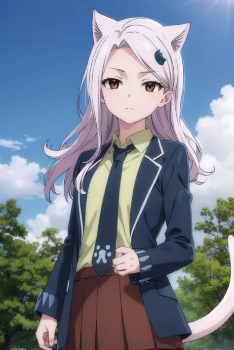 fairytailcarla, <lyco:fairytailcarla-lyco-nochekaiser:1>,
fairy tail carla, long hair, hair ornament, animal ears, (brown eyes:1.5), white hair, cat ears,
BREAK skirt, school uniform, jacket, tail, necktie, red skirt, shirt, green shirt, collared shirt, long sleeves,
BREAK outdoors, forest, nature, sky, cloud, sun,
BREAK looking at viewer, (cowboy shot:1.5),
BREAK <lyco:GoodHands-beta2:1>, (masterpiece:1.2), best quality, high resolution, unity 8k wallpaper, (illustration:0.8), (beautiful detailed eyes:1.6), extremely detailed face, perfect lighting, extremely detailed CG, (perfect hands, perfect anatomy),