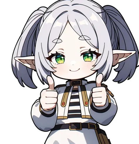 best quality, masterpiece, ssfrieren, 1girl, solo, pointy ears, twintails, green eyes, belt, white capelet, long sleeves, grey hair, medium hair, (;q, >_o, smile, thumbs up:1.0), (chibi emote:1)<lora:frieren_sd_v2:1.> <lora:chibi_emote_v1:1>