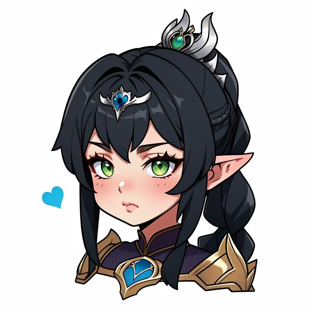 <lora:Style_ChibiEmote:1> pout,<lora:Char_bg3-ShadowheartbyDocS-LORA:0.8> dsshadowheart, black hair, long hair, ponytail, bangs, braid, hair ornament, pointy ears, green eyes, circlet, silver armor, silver breastplate, pauldrons