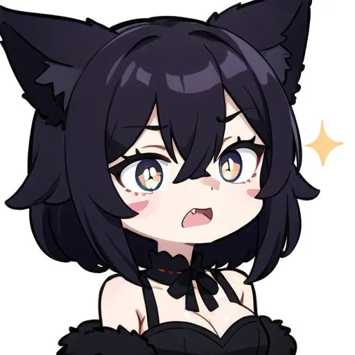 (blushing embarrassed), 1girl, solo, catgirl, cat ears, purple-gold gradient eyes, purple-black hair, short hair, curly hair, breasts, hair between eyes, crossed bangs, neck ribbon, open mouth, fang, cute, ((emote, closeup, sticker, white outline, simple background)), cleavage, fur
<lora:chibi_emote_v1:0.8>, 
chibi emote,