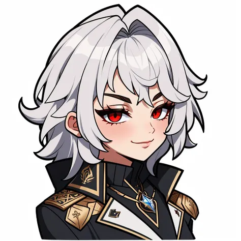 <lora:Style_ChibiEmote:1> smug, <lora:Char_bg3-Astarion:0.8> astarion, red eyes, silver hair, [coat|jacket], high collar, brooch