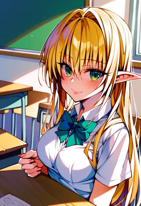 <lora:YabukiKentarou_Pony_V2:0.8>,score_9, score_8_up, score_7_up,yabukikentarou,1girl,classroom, school uniform, blonde hair,green eyes,elf,looking at viewer,, uncensored,