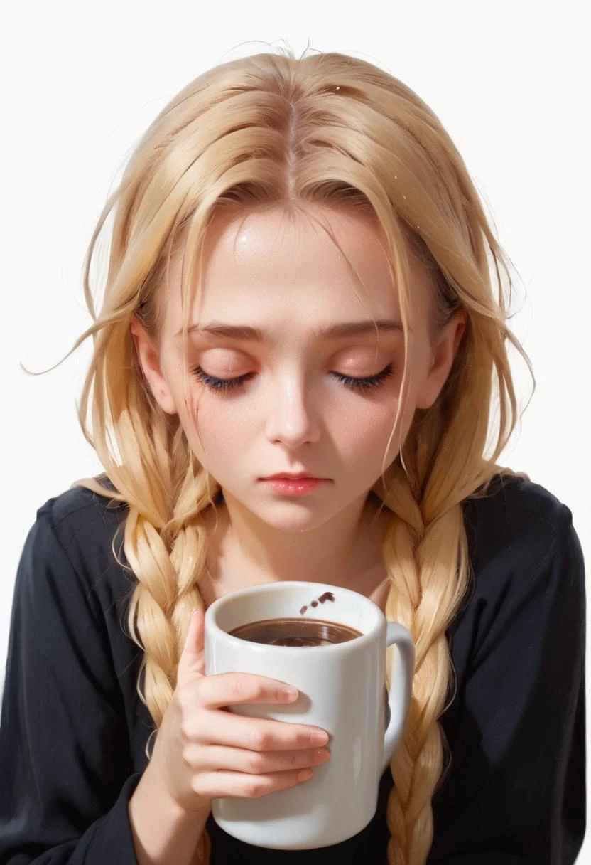 A close-up of a dishevelled girl holding a mug with messy hair, eyes half closed, looking tired, sleepy, long sleeves, white background,
sl (long hair, blonde hair, twin braids, blue eyes,)<lora:SlavyaPonyV1_1:0.45>,
<lora:YabukiKentarou_Pony_V2:0.7><lora:Expressive_H:0.8> <lora:hand 4:0.7> <lora:ph4nt0m01lXLP:0.7>