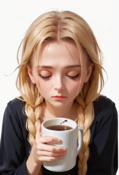 A close-up of a dishevelled girl holding a mug with messy hair, eyes half closed, looking tired, sleepy, long sleeves, white background,
sl (long hair, blonde hair, twin braids, blue eyes,)<lora:SlavyaPonyV1_1:0.45>,
<lora:YabukiKentarou_Pony_V2:0.7><lora:Expressive_H:0.8> <lora:hand 4:0.7> <lora:ph4nt0m01lXLP:0.7>