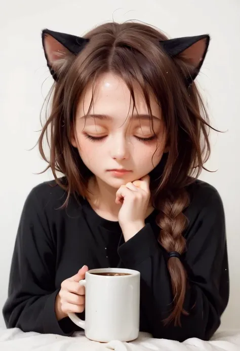 A close-up of a dishevelled girl holding a mug with messy hair, eyes half closed, looking tired, sleepy, long sleeves, white background,
UVAO (ellow_eyes, brown_hair, cat_ears, hair_between_eyes, single braid, long_hair, medium breasts) <lora:UVAO-XL-pony:0.45>,
<lora:YabukiKentarou_Pony_V2:0.7><lora:Expressive_H:0.8> <lora:hand 4:0.7> <lora:ph4nt0m01lXLP:0.7>