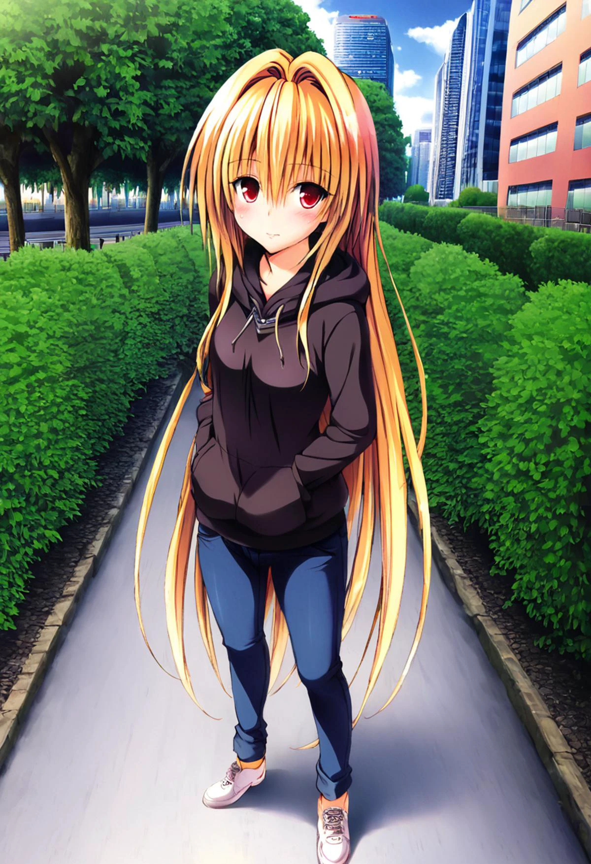by Mark Keathley and Michael Garmash,yabukikentarou, 1girl, konjiki no yami, solo, long hair, blond hair, red eyes, blush, hair decoration, looking at viewer, both sides up, very long hair, hoodie, jeans, sneakers, city ââpark, trees, benches, standing waiting, nervous, date, <lora:YabukiKentarou_Pony_V2:1> , <lora:EnvyDarkImpressionismXL01:0.75> <lora:xl_more_art-full_v1:0.35> <lora:RMSDXL_Enhance:0.50> <lora:RMSDXL_Creative:0.50> <lora:RMSDXL_Photo:0.50> <lora:RMSDXL_Darkness_Cinema:0.50> <lora:clothing_slider_v19:1.50> <lora:great_lighting:1.50> <lora:aesthetic:1.50> <lora:looking_at_viewer:1.50> <lora:photorealistic_portrait_notrigger:0.25> <lora:attractive_notrigger:0.15> <lora:extremely_detailed:0.25> <lora:add_detail:0.25> <lora:Perfect Hands:0.50> <lora:perfect-eyes:0.25> <lora:MJ52:-0.15>