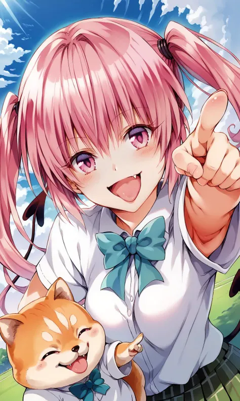 yabukikentarou, :d, 1girl, animal, aqua bow, aqua bowtie, armpit peek, blush, bow, bowtie, cloud, collared shirt, day, fang, head tilt, highres, nana asta deviluke, official art, open mouth, pink eyes, pink hair, pointing, pointing forward, school uniform, shiba inu, shirt, short sleeves, sky, smile, tail, to love-ru, tongue, tongue out, twintails, white shirt, wing collar, 
to love-ru, score_9, score_8_up, score_7_up, 
<lora:YabukiKentarou_Pony_V2:1>