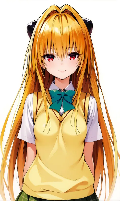 konjiki no yami, red eyes, blonde hair, hair intakes, long hair, hairpods, small breasts, school uniform, skirt, sweater vest, looking at viewer, light smile, upper body, 
masterpiece, best quality, very aesthetic, absurdres, straight-on, 
<lora:YabukiKentarou_XL:0.9>