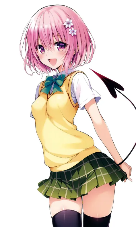 1girl, solo, momo velia deviluke, tail, pink hair, school uniform, thighhighs, pink eyes, demon tail, skirt, open mouth, short hair, smile, hair ornament, flower, hair flower, looking at viewer, zettai ryouiki, sweater vest, :d, black thighhighs, 
yabukikentarou, masterpiece, best quality, very aesthetic, absurdres, 
<lora:YabukiKentarou_XL:0.9>