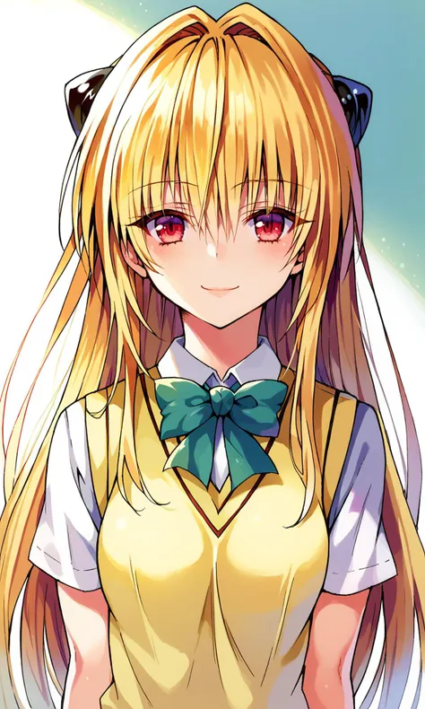 YabukiKentarou, to love-ru, score_9, score_8_up, score_7_up BREAK
konjiki no yami, red eyes, blonde hair, hair intakes, long hair, hairpods, school uniform, skirt, sweater vest, looking at viewer, light smile, upper body, cowboy shot, 
<lora:YabukiKentarou_Pony_V2:1>