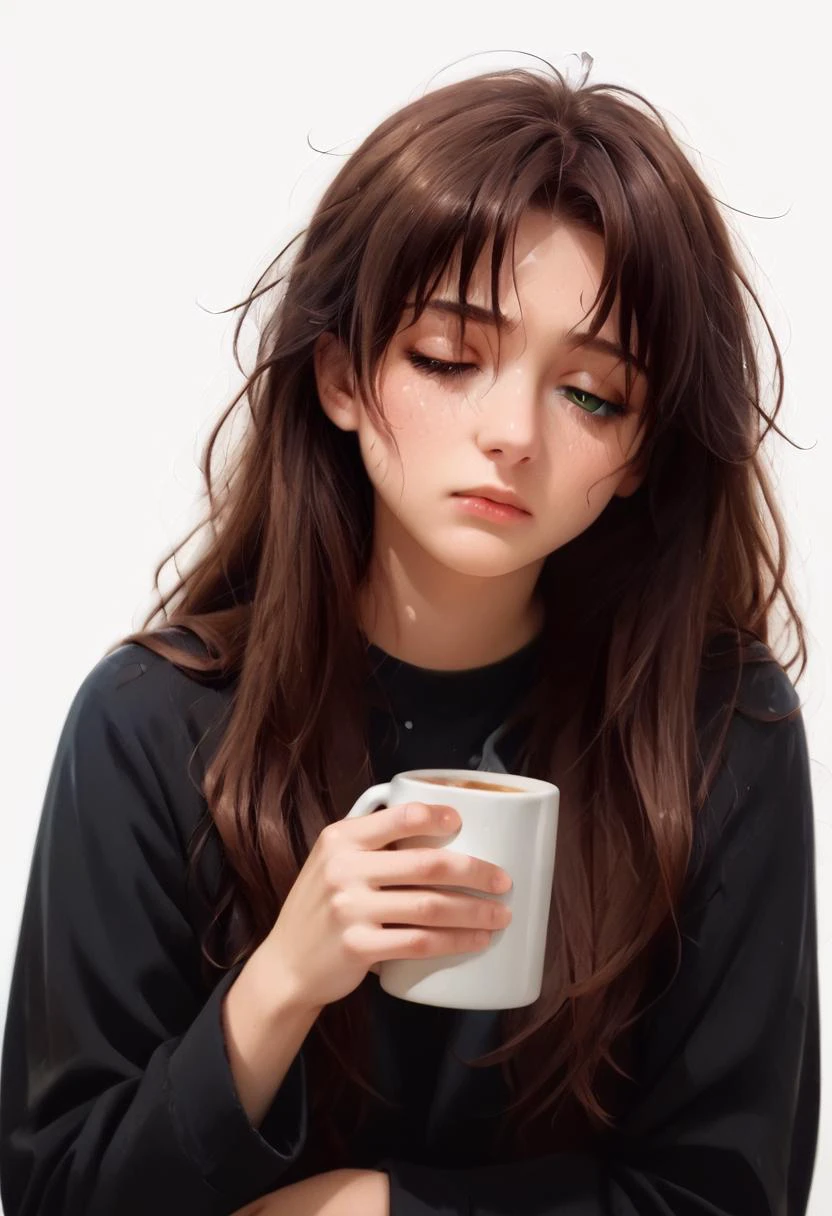 A close-up of a dishevelled girl holding a mug with messy hair, eyes half closed, looking tired, sleepy, long sleeves, white background,
od (brown hair, long hair, green eyes) <lora:OlgaLoraPonyV1:0.85>,
<lora:YabukiKentarou_Pony_V2:0.7><lora:Expressive_H:0.8> <lora:hand 4:0.7> <lora:ph4nt0m01lXLP:0.7>
