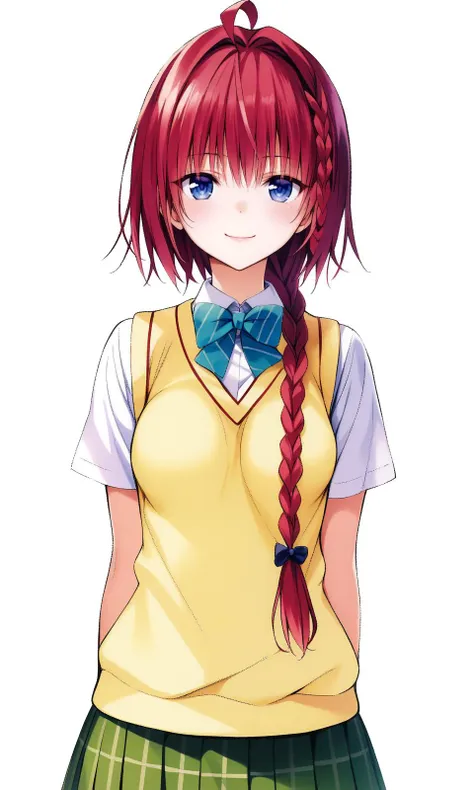 kurosaki mea, blue eyes, red hair, long hair, braid, long braid, ahoge, small breast, school uniform, skirt, sweater vest, looking at viewer, light smile, upper body, 
masterpiece, best quality, very aesthetic, absurdres, straight-on, 
<lora:YabukiKentarou_XL:0.9>