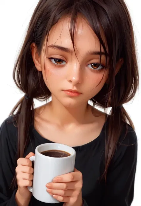 A close-up of a dishevelled girl holding a mug with messy hair, eyes half closed, looking tired, sleepy, long sleeves, white background,
us (black hair, brown eyes,small breasts, swarthy/tanned skin, (petite build:1.4),low twintails) <lora:UlyanaPonyV1:0.45>
<lora:YabukiKentarou_Pony_V2:0.7><lora:Expressive_H:0.8> <lora:hand 4:0.7> <lora:ph4nt0m01lXLP:0.7>