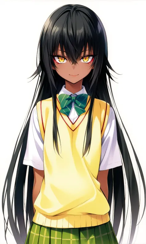 nemeshisu, dark skin, yellow eyes, black hair, long hair, very long hair, flat chest, school uniform, skirt, sweater vest, looking at viewer, light smile, upper body, 
yabukikentarou, masterpiece, best quality, very aesthetic, absurdres, straight-on, 
<lora:YabukiKentarou_XL:0.9>