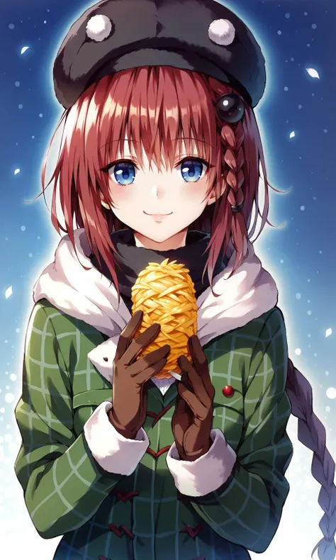 yabukikentarou, 1girl, kurosaki mea, braid, solo, blue eyes, smile, long hair, hat, red hair, looking at viewer, blush, gloves, holding, upper body, plaid, food, very long hair, bangs, hair ornament, hair between eyes, 
to love-ru, score_9, score_8_up, score_7_up, 
<lora:YabukiKentarou_Pony_V2:1>