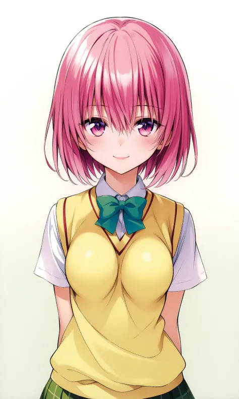 momo velia deviluke, pink eyes, pink hair, short hair, medium breast, school uniform, skirt, sweater vest, looking at viewer, light smile, upper body, 
masterpiece, best quality, very aesthetic, absurdres, straight-on, 
<lora:YabukiKentarou_XL:0.9>