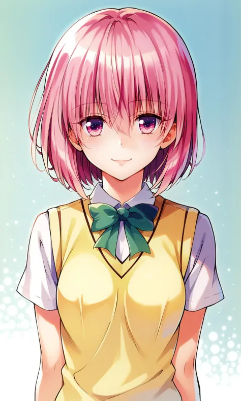 YabukiKentarou, to love-ru, score_9, score_8_up, score_7_up BREAK
momo velia deviluke, pink eyes, pink hair, short hair, medium breast, school uniform, skirt, sweater vest, looking at viewer, light smile, upper body, 
masterpiece, best quality, very aesthetic, absurdres, straight-on, 
<lora:YabukiKentarou_Pony_V2:1>