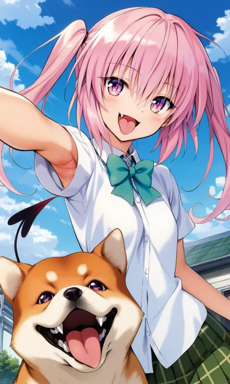 :d, 1girl, animal, aqua bow, aqua bowtie, armpit peek, artist name, blush, bow, bowtie, cloud, collared shirt, day, demon tail, dog, fang, head tilt, highres, nana asta deviluke, official art, open mouth, pink eyes, pink hair, pointing, pointing forward, school uniform, shiba inu, shirt, short sleeves, sky, smile, tail, to love-ru, tongue, tongue out, twintails, white shirt, wing collar, 
yabukikentarou, masterpiece, best quality, very aesthetic, absurdres, 
<lora:YabukiKentarou_XL:0.9>