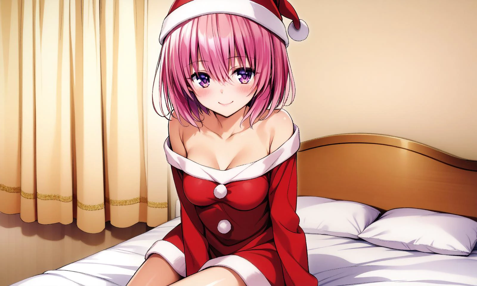 momo velia deviluke, 1girl, solo, pink hair, short hair, smile, blush, purple eyes, sitting, looking at viewer, pink eyes, bare shoulders, santa costume, medium breasts, bedroom, on bed,
yabukikentarou, masterpiece, best quality, very aesthetic, absurdres,
<lora:YabukiKentarou_XL:0.9><lora:sd_xl_dpo_lora_v1:0.2>