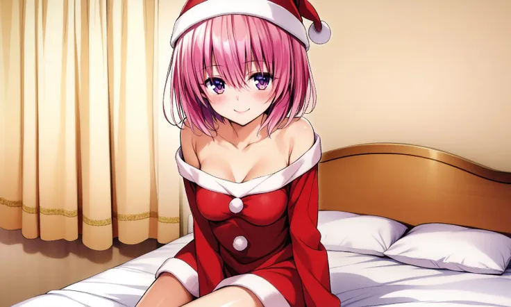 momo velia deviluke, 1girl, solo, pink hair, short hair, smile, blush, purple eyes, sitting, looking at viewer, pink eyes, bare shoulders, santa costume, medium breasts, bedroom, on bed, 
yabukikentarou, masterpiece, best quality, very aesthetic, absurdres, 
<lora:YabukiKentarou_XL:0.9><lora:sd_xl_dpo_lora_v1:0.2>