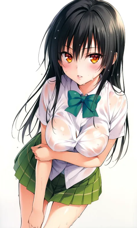 1girl, kotegawa yui, solo, long hair, breasts, skirt, wet, school uniform, looking at viewer, black hair, shirt, bow, large breasts, blush, parted lips, green skirt, bowtie, pleated skirt, short sleeves, orange eyes, 
yabukikentarou, masterpiece, best quality, very aesthetic, absurdres, 
<lora:YabukiKentarou_XL:0.9>