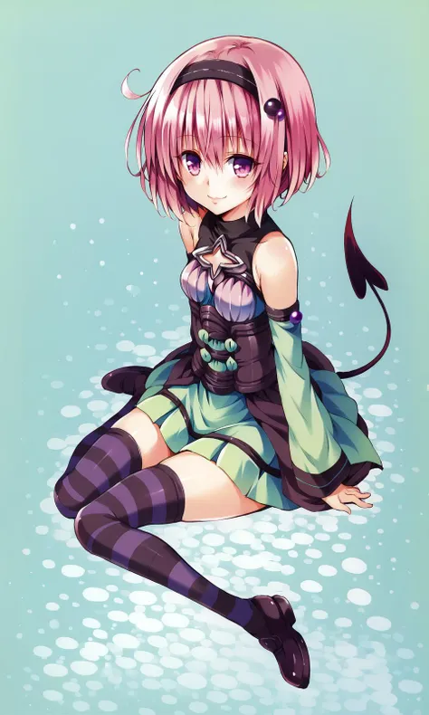 yabukikentarou, momo velia deviluke, 1girl, solo, thighhighs, tail, pink hair, demon tail, striped, smile, detached sleeves, hairband, looking at viewer, pink eyes, sitting, short hair, blush, zettai ryouiki, dress, shoes, bare shoulders, hair ornament, holding, hair bobbles, skirt, purple eyes
to love-ru, score_9, score_8_up, score_7_up, 
<lora:YabukiKentarou_Pony_V2:1>