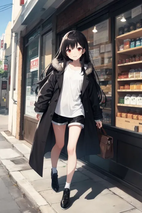 (masterpiece:1.2),best quality,perfect anatomy,extremely detailed,
BREAK
cute girl,shiny skin,small eyes,light smile,solo,very long hair,
lovely big eyes,cute eyes,(red eyes:1.4),(black hair:1.4),
BREAK
white shirt,black shorts,coat open clothes,
BREAK
city,street,shop,
BREAK
looking at viewer,full body,
BREAK