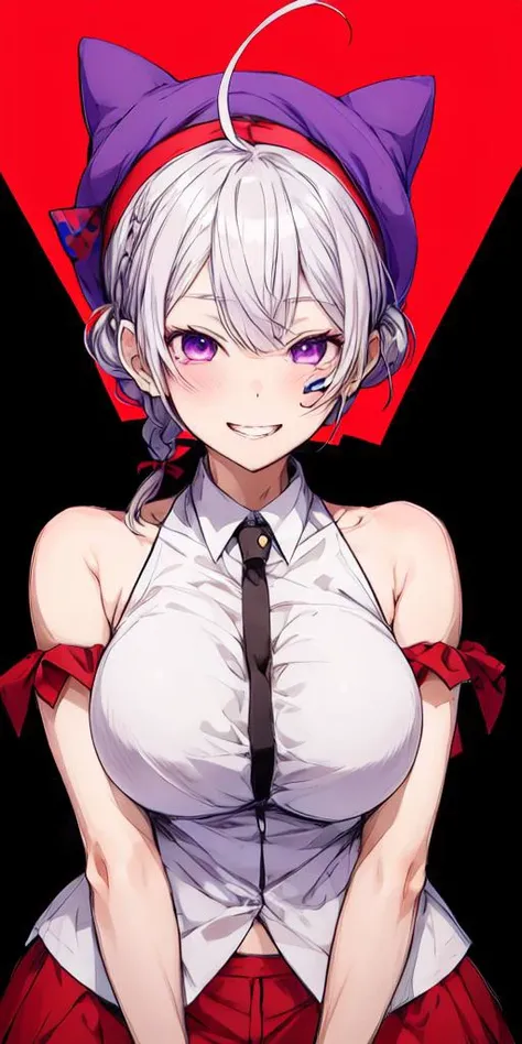 ooshiro mashiro,<lora:ooshiro mashiro:0.7>,1girl, solo, v, purple eyes, bandaid, grin, large breasts, breasts, double v, hat, braid, bare shoulders, ahoge, bangs, bandaid on face, hair bun, grey hair, blush, short hair,<lora:flat2:-0.5>,<lora:boldline2:-0.5>,<lora:saturation:0.5>,<lora:noline:-0.5>,<lora:flatBG:0.5>,<lyco:kotobuki:-0.75>