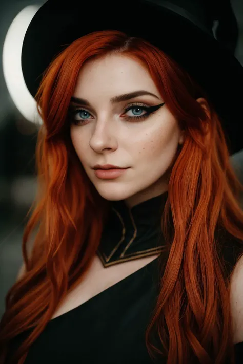 annitheduck wearing witch cosplay, vivid eyes, ginger hair, heavy makeup, looking at the viewer, convention hall, a stunning intricate full color portrait, epic character composition, by ilya kuvshinov, alessio albi, nina masic, sharp focus on eyes, natural lighting, subsurface scattering, f2, 35mm, film grain