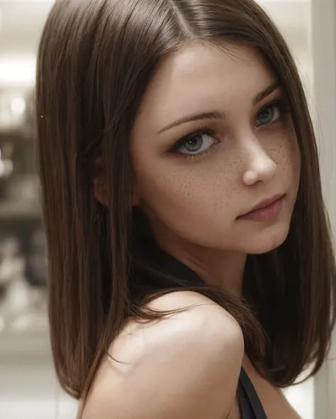 1girl, foxy_di, Russian, [small_freckles] ,grey eyes, medium breasts,  breasts, skinny, medium hair, brown hair, BREAK, wearing green short dress, green thighhighs, BREAK, posing in mall, looking at viewer, sneer, BREAK, natural lighting, <lora:pornstar_foxy_di_v2:0.8>, BREAK, masterpiece, best quality, high quality, detail, highres, absurdres, 8k,