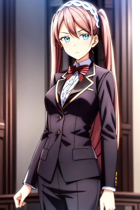 1girl, solo, long hair, looking at viewer, blue eyes, brown hair, hairband, twintails, medium breasts, anne_sieber, formal, formal dress, suit, skirt, emotionless
