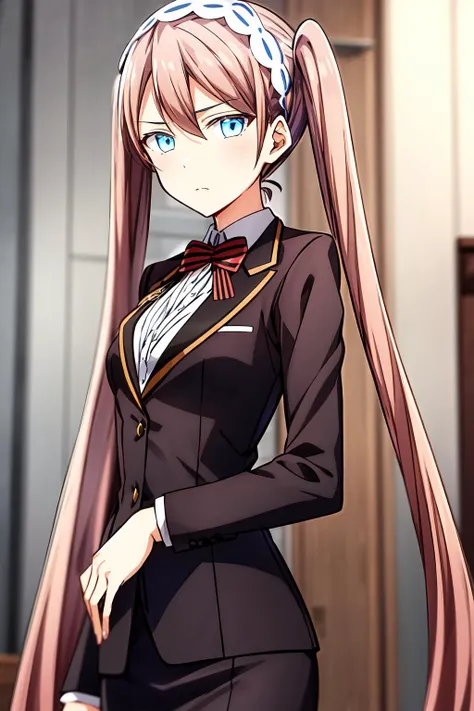 1girl, solo, long hair, looking at viewer, blue eyes, brown hair, hairband, twintails, medium breasts, anne_sieber, formal, formal dress, suit, skirt, emotionless