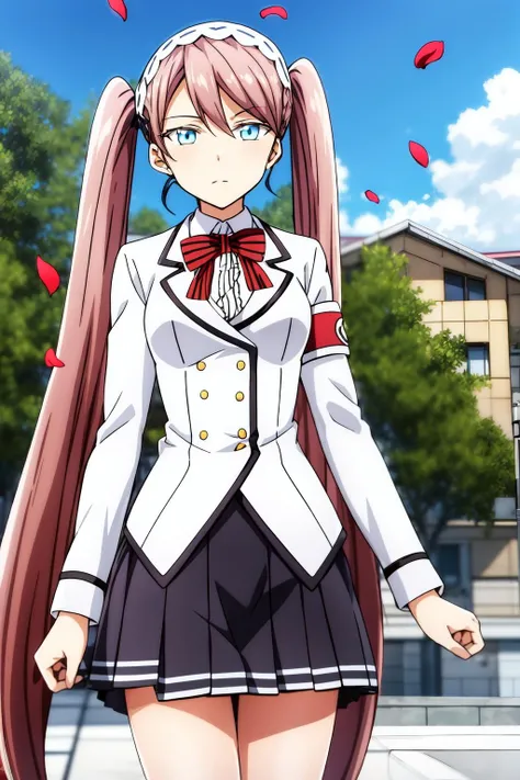 1girl, solo, long hair, looking at viewer, blue eyes, brown hair, outdoor background, bow, twintails, school uniform, white jacket, medium skirt, black skirt, hairband, bowtie, petals, armband, anne_sieber