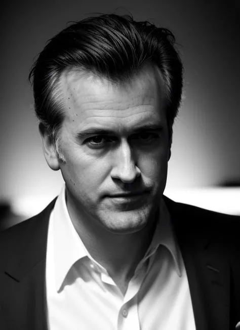 pinhole photography close up photo of   <lora:BruceCampbell:.8> bc1, a man in suit and tie, messy hair
upper body shot, modelshoot style, fill lighting,
dutch angel, HOLGA 120n, ((high contrast black and white)), in style of
Miles Aldridge,