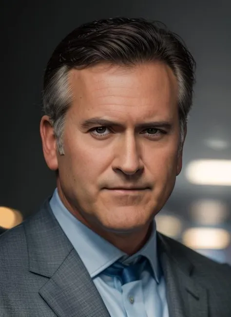 ( <lora:BruceCampbell:.8>)  Portrait photo of (bc1) man with short hair, Detailed face, (perfect eyes), (realistic matte skin:1.1), perfect body, wearing  ((suit and tie 
 )), Modelshoot style, Professional Photography, soft  lighting, PHOTOREALISTIC, Realistic, standing in a dark studio background, blurred background, volumetric fog,. RAW, analog style, sharp focus, 8k, HD, DSLR, high quality, Fujifilm XT3, film grain, award winning, masterpiece,