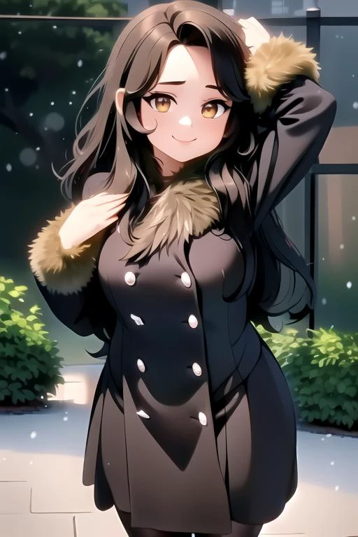 (masterpiece:1.4), high quality, high definition, sharp focus, detailed face, anime, best quality, 4k, 8k, absurd resolution, intricate detail, detailed hands, detailed eyes, animation, illustration, highly detailed, highres, extremely detailed, <lora:ETO_OCC002:0.7> ETO_OCC, black hair, (curly hair:1.3), longhair, thick eyebrows, <lora:hyperdenoiser_v090:0.6>, (looking at viewer:1.6), (plump:1.2), (hazel eyes:1.3), (parted bangs:1.4), <lora:mesugaki-10:0.6>, smiling, smug, <lora:ETO_OC:0.2> ETO-OC, <lora:sensualface_type1:0.6>, seductive smile, <lora:perfetfingers:1>, Arms up above head, palms touching, worm's eye, 1girl, breasts, <lora:hyperrefiner_v090:0.6>, <lora:jack3tdr3ss2:1> jack3tdr3ss, (fur trim:1.4), fur trim jacket dress, long sleeves, pantyhose, winter, snow, city, snowflakes, snowing, outdoors, Christmas,