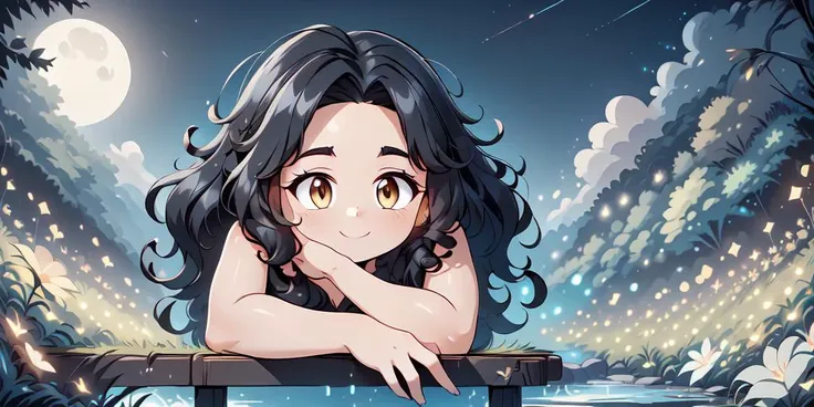 (masterpiece:1.4), high quality, high definition, sharp focus, detailed clothes, detailed body, detailed face, anime, best quality, 4k, 8k, absurd resolution, intricate detail, detailed hands, detailed eyes, animation, illustration, highly detailed, highres, extremely detailed, <lora:ETO_OCC002:0.7> ETO_OCC, black hair, (curly hair:1.4), long hair, thick eyebrows, <lora:hyperdenoiser_v090:0.6>, (looking at viewer:1.6), (plump:1.2), (hazel eyes:1.3), (parted bangs:1.4), <lora:ETO_OC:0.2> ETO-OC, <lora:perfetfingers:1>, Leaning against a fence or railing, Two-shot, crazy smile, 1girl, medium breasts, skindentation, <lora:hyperrefiner_v090:0.6>, <lora:lunar-flower-style-darquelilly-v1:1> lunarflowerstyle, (flowers:1.2), moon, night, sky, full moon, night sky, star (sky), scenery, starry sky, fantasy, still life, outdoors, (glowing:1.4), (light particles:1.2), gem, milf, fireflies, <lora:4960_fireflies:1>