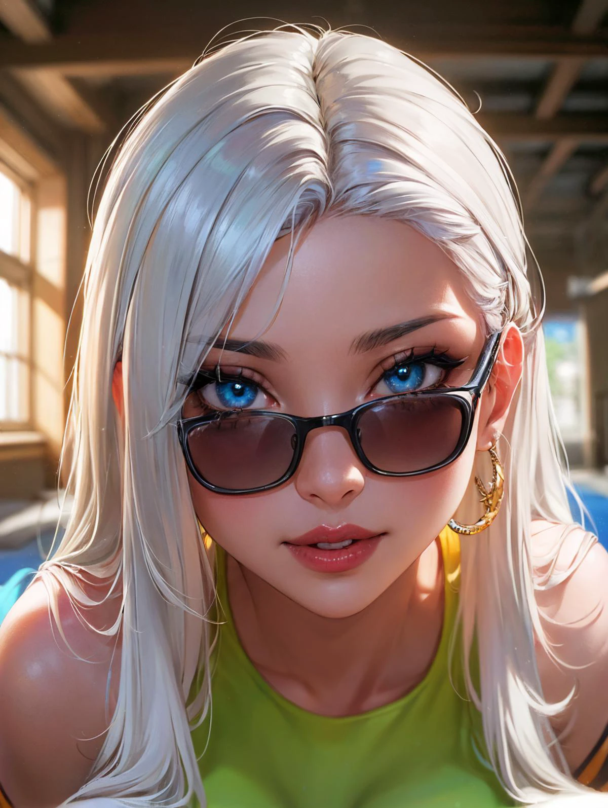 (long_hair:1.1),(absurdly_long_hair:1.3),(stocking:1.3),, (Festival Hippie: Fringe vest, tie-dye tank top, shorts, and sandals.:1.3),(no_bra:1.2),(see-through:1.3),covered_nipples,(Waterfall Curls:1.1),, Virtual meeting room with holographic conferencing and digital avatars.,
Best Quality, Masterpiece, (Ray Tracing, Reflected Light: 1.2),
Edge quality, gorgeous and intricate detail, (View: 1.1), (Perspective Silhouette: 1.2), ((8k, Best Quality, Masterpiece, Extremely Detailed, Rule of Thirds)), (((Light Shadow, Shadow Shadow))) ,((film, film grain)),((soft light through hair: 0.8)),((crazy imagery)),(HD: 1.2),Best quality,(photorealistic: 1.5),detailed, masterpiece,superb,detailed,photorealistic,HDR,high resolution,sharp focus,photorealistic rendering,natural light,extremely detailed description,professional,colorful,1 girl,(exquisite eyes:1.2),(cold attitude,eyeshadow , eyeliner: 0.8), (iridescent eyes: 1.1), (beautiful face: 1.1), naughty face, long eyelashes, thick eyelashes, glossy skin and mature contours, (seductive smile: 1.1 ), (red lips: 1.1), milky white skin, (white hair: 1.3), (huge breasts: 1.1),
<lora:GoodHands-beta2:1>,beautiful hands,perfect hands,bursting_breasts,
<Lola:hyperdetailer_v095:0.8>,, (close-up:1.1),(macro_shot:1.1),(its luminous:1.3),atmospheric haze,Film grain,cinematic film still,shallow depth of field,highly detailed,high budget,(epic:1.2),OverallDetail,photorealistic,candid camera,color graded cinematic,eye catchlights,atmospheric lighting,imperfections,natural,shallow dof,