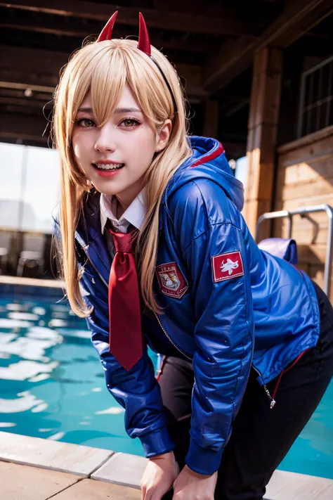 masterpiece, (photorealistic:1.4), best quality, perfect lighting, detailed, 1girl, alluring, highly detailed face, ((looking at viewer)),
<lora:jeanwanwan2:1>jeanwanwan, yellow eyes, blonde hair, sharp teeth, red lipstick, :D,
<lora:leaning forward,hands on own knees:0.7> leaning forward,
<lora:csm_power-13:1> power \(csm\), blue jacket, collared shirt, black necktie, black pants,
<lora:add_detail:1>, (pool)
