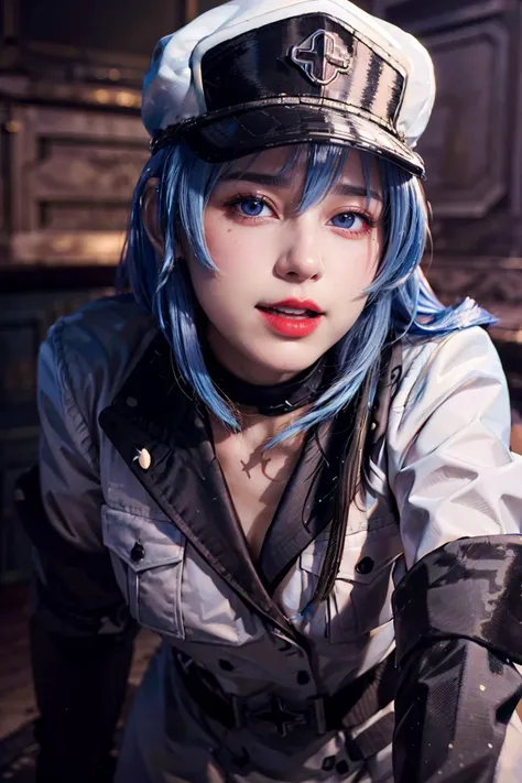 masterpiece, (photorealistic:1.4), best quality, perfect lighting, detailed, 1girl, alluring, highly detailed face, ((looking at viewer)),
<lora:jeanwanwan2:1>jeanwanwan, blue eyes, blue hair, red lipstick, :D,
<lora:leaning forward,hands on own knees:0.7> leaning forward,
<lora:esdeathV2_akame_ga_kill:0.8> long hair, white military uniform, peaked cap, black belt,
<lora:add_detail:1>, (bar)