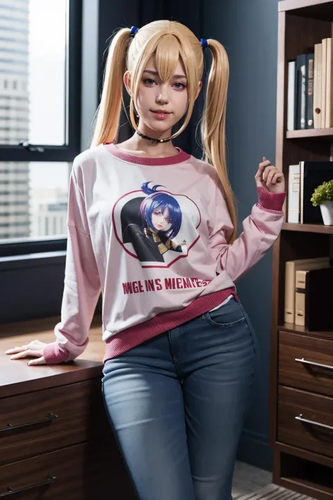 jeanwanwan, a woman wearing shirt and jeans, office job, twintails <lora:jeanwanwan2:1>