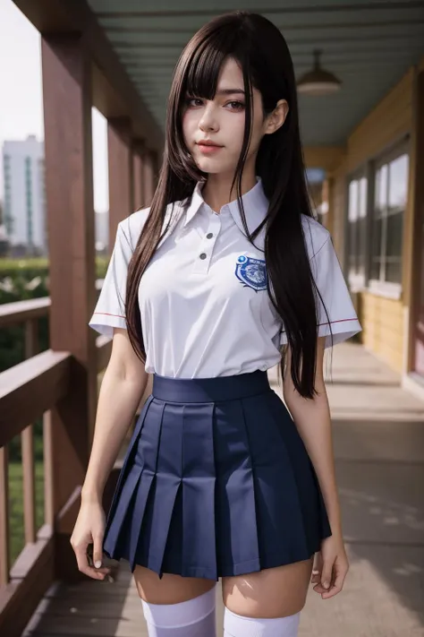 jeanwanwan, a woman wearing school uniform , closed shirt, shirt and skirt, high socks <lora:jeanwanwan2:1>