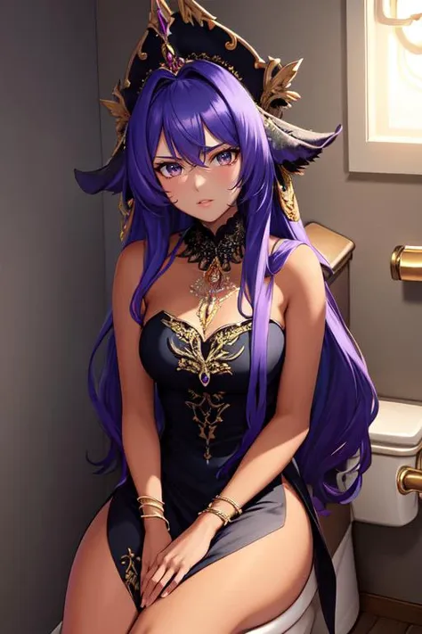 (otherworldly), highly insanely detailed, masterpiece, top quality, best quality, highres, 4k, 8k, RAW photo, (very aesthetic, beautiful and aesthetic), (toilet use:1.5),indoors,restroom,(sitting:1.2),knees knocking together,unamused,toilet stall, 
<lora:animeToiletSceneV1:1>, 
1girl, solo, 
Tower13_Gizelle, 
a beautiful elvish girl, 
dark_skin, tan_skin, tanned skin, dark skin, dark-skinned, black-skinned, bronze skin, 
(navy blue hair,glittering bronze hair,multi_color_hair,multicolored hair,multi colored hair), 
purple background, (fantasy world)âââ