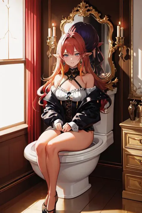 (otherworldly), highly insanely detailed, masterpiece, top quality, best quality, highres, 4k, 8k, RAW photo, (very aesthetic, beautiful and aesthetic), (toilet use:1.5),indoors,restroom,(sitting:1.2),knees knocking together,private fitting room mirror selfie,toilet stall, 
<lora:animeToiletSceneV1:1>, 
1girl, solo, 
Tower13_Gizelle, 
a beautiful elvish girl, 
dark_skin, tan_skin, tanned skin, dark skin, dark-skinned, black-skinned, bronze skin, 
(rich plum hair,pink hair,bleached blonde hair,gradient hair,multi_color_hair,multicolored hair,multi colored hair), 
dark background, (fantasy world)âââ