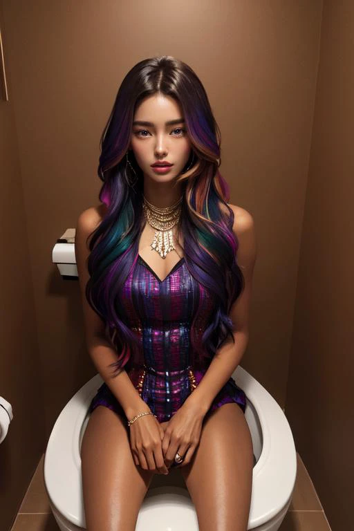(otherworldly), highly insanely detailed, masterpiece, top quality, best quality, highres, 4k, 8k, RAW photo, (very aesthetic, beautiful and aesthetic), (toilet use:1.5),indoors,restroom,standing,surprised eyes,toilet stall,
<lora:animeToiletSceneV1:1>,
1girl, solo,
Tower13_Gizelle,
a beautiful elvish girl,
dark_skin, tan_skin, tanned skin, dark skin, dark-skinned, black-skinned, bronze skin,
(beige hair,rainbow hair,Iridescence hair,multi_color_hair,multicolored hair,multi colored hair),
pure red background,pure purple background , (fantasy world)âââ