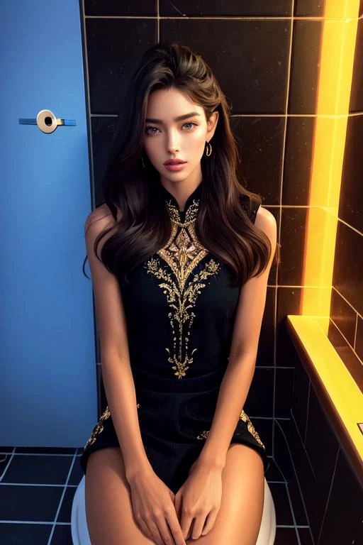 (otherworldly), highly insanely detailed, masterpiece, top quality, best quality, highres, 4k, 8k, RAW photo, (very aesthetic, beautiful and aesthetic), (toilet use:1.5),indoors,restroom,(sitting:1.2),knees knocking together,reaching out,toilet stall,
<lora:animeToiletSceneV1:1>,
1girl, solo,
Tower13_Gizelle,
a beautiful elvish girl,
dark_skin, tan_skin, tanned skin, dark skin, dark-skinned, black-skinned, bronze skin,
(deep shade of indigo hair,elegant white hair,classic black hair,),
neon yellow background,neon orange background , (fantasy world)âââ