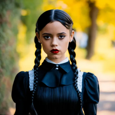 (masterpiece), (highres), hyperrealism, ((full body)) photography, JennaO person ((dressed as Wednesday Addams from "The Addams family")), (french braids), (combat boots), model, goddess, long legs, Detailed, Detailed pretty face, misty morning light, Sharp Focus, (Detailed and crowded high school background), Leica 35mm F2.8, Fuji Superia Reala 100