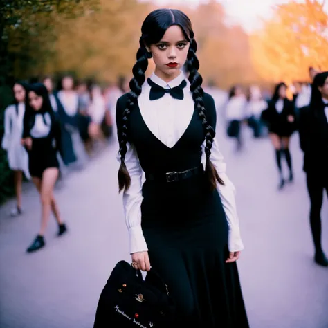(masterpiece), (highres), hyperrealism, ((full body)) photography, JennaO person ((dressed as Wednesday Addams from "The Addams family")), (french braids), (combat boots), model, goddess, long legs, Detailed, Detailed pretty face, misty morning light, Sharp Focus, (Detailed and crowded high school background), Leica 35mm F2.8, Fuji Superia Reala 100