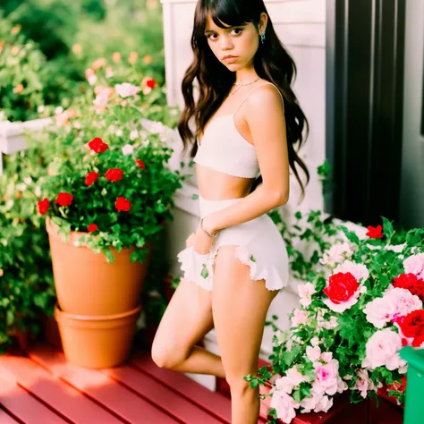 ((high definition)), ((full body)) press photography, petite thin (JennaO) person ((wearing sexy heavy metal)) on a ((backyard porch)), ((enchanting)), ((looking at camera)), Detailed, Detailed pretty face, Sharp Focus, (Detailed and intricate), 4k, Leica 35mm F2.8, Fuji Superia Reala 100